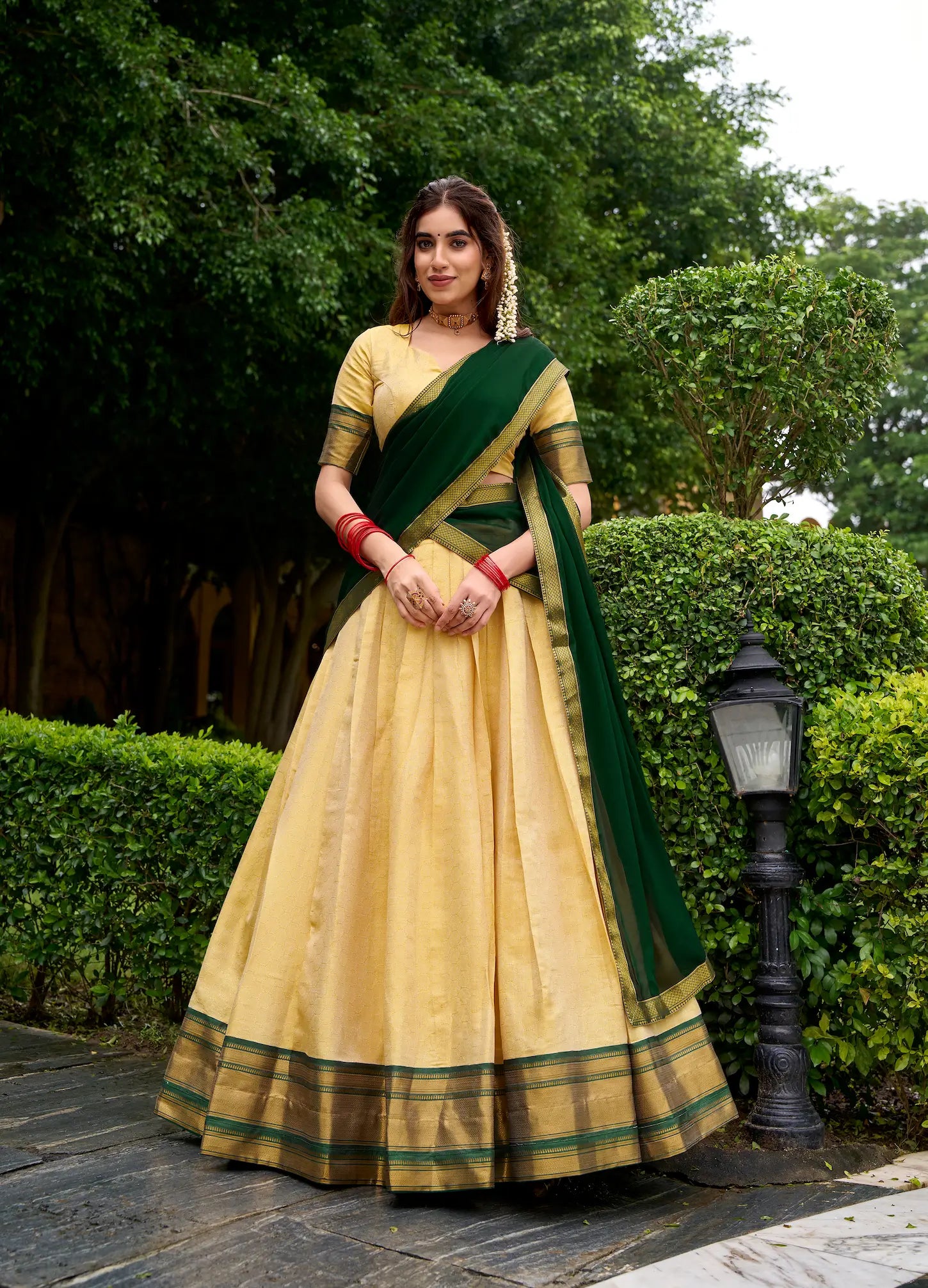 Beige-Green Zari Weaving  Kanchipuram Lehenga Choli - qivii