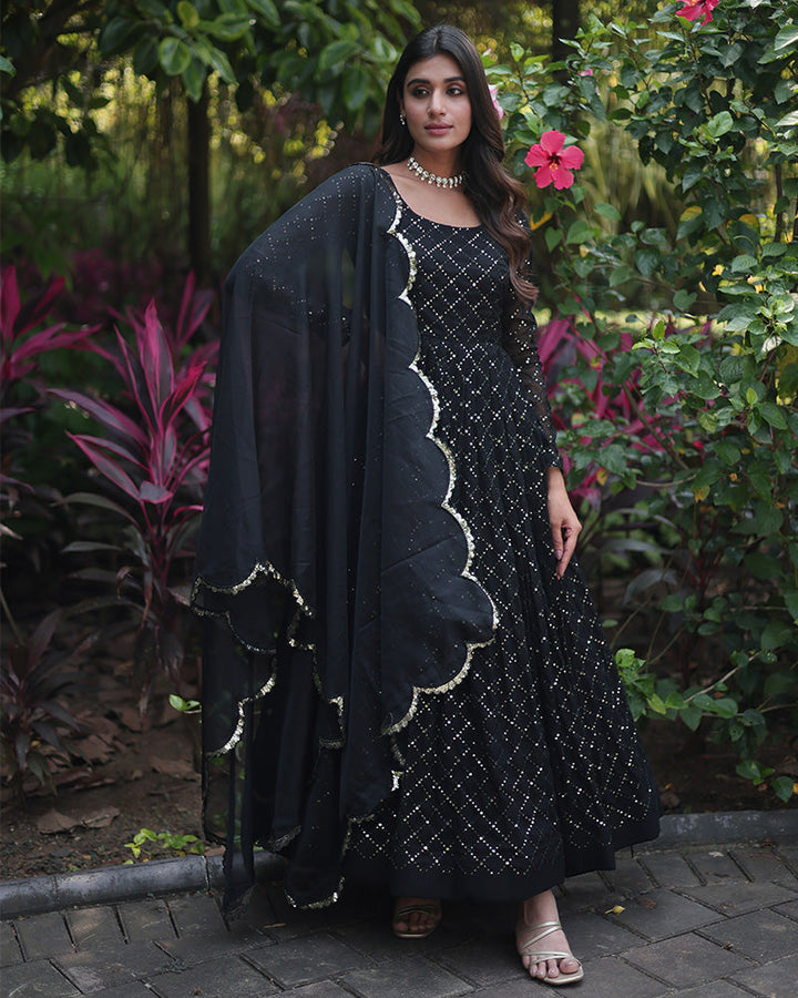 Black Color Designer Anarkali Gown With Dupatta  - By Qivii