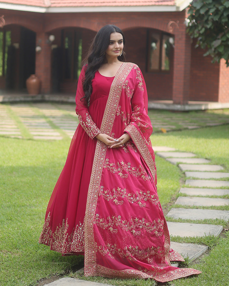 Pink Color Designer Fully Stitched Anarkali Gown  - By Qivii