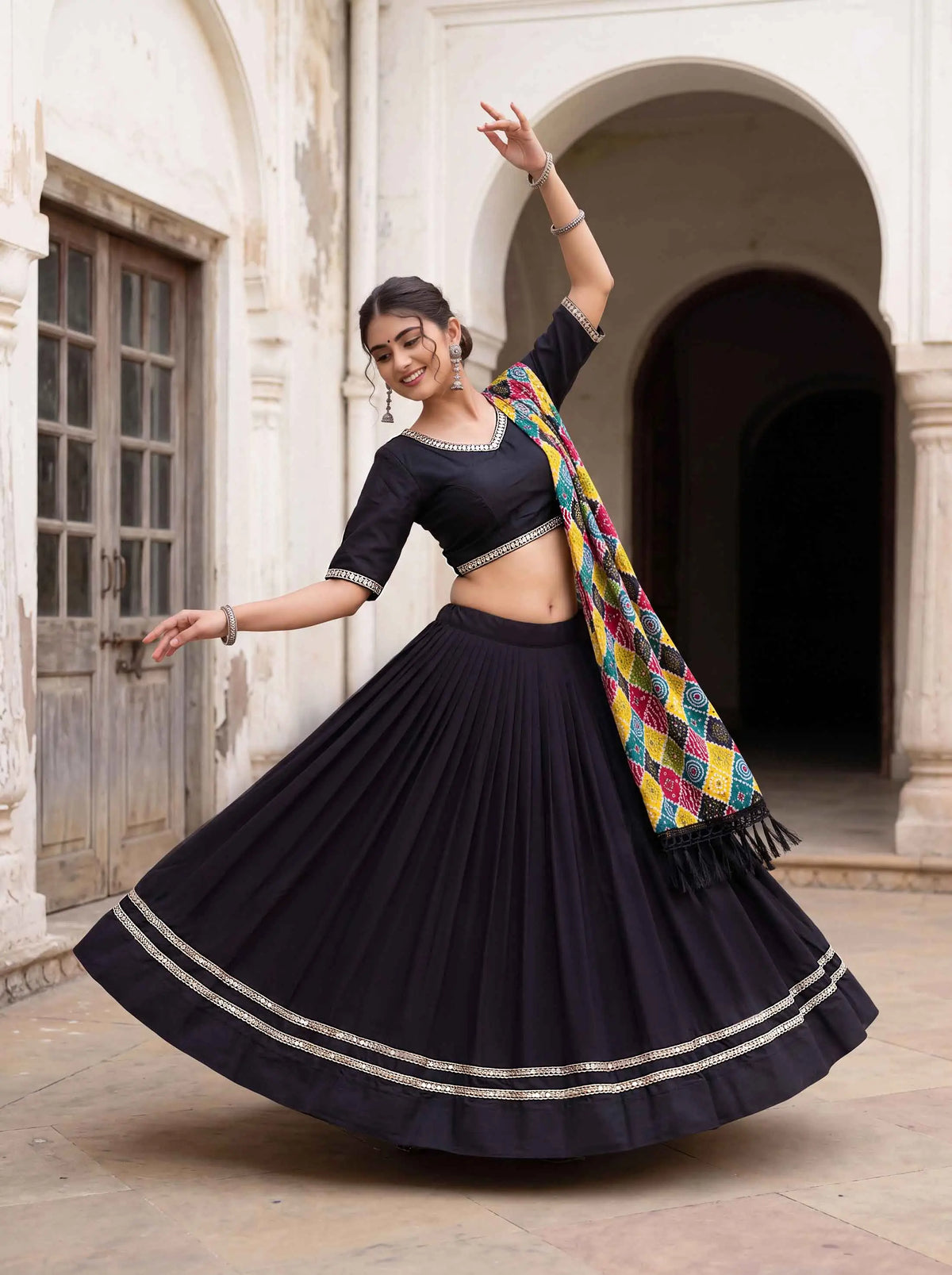 6 Meter Flair | Black Mirror Work Navratri Lehenga Choli