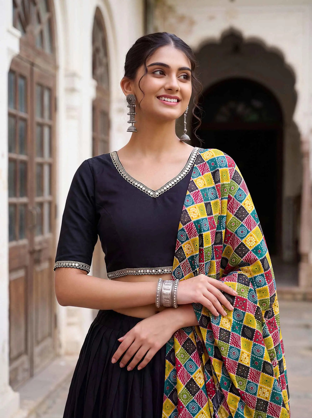 6 Meter Flair | Black Mirror Work Navratri Lehenga Choli