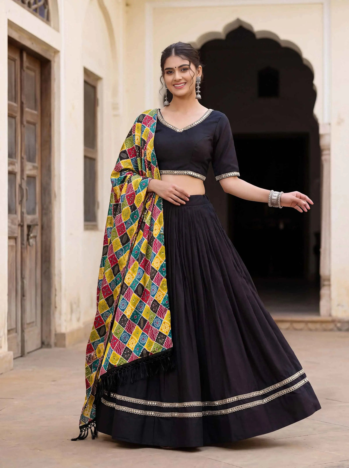 6 Meter Flair | Black Mirror Work Navratri Lehenga Choli