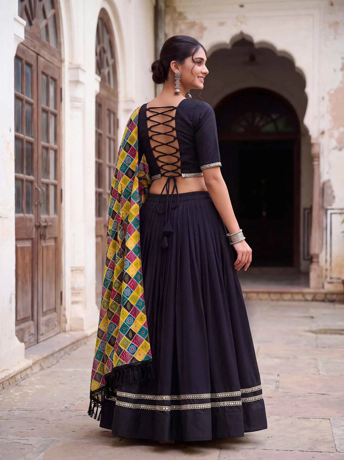 6 Meter Flair | Black Mirror Work Navratri Lehenga Choli