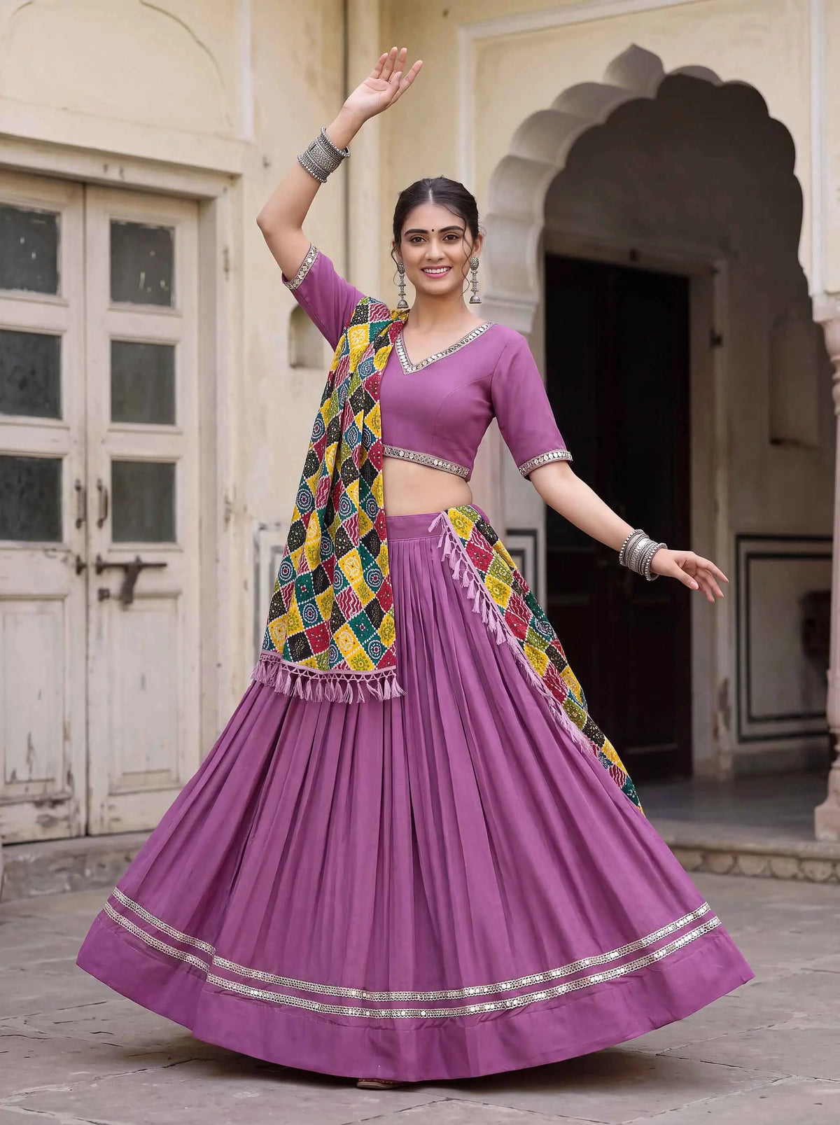 6 Meter Flair | Mauve Mirror Work Navratri Lehenga Choli