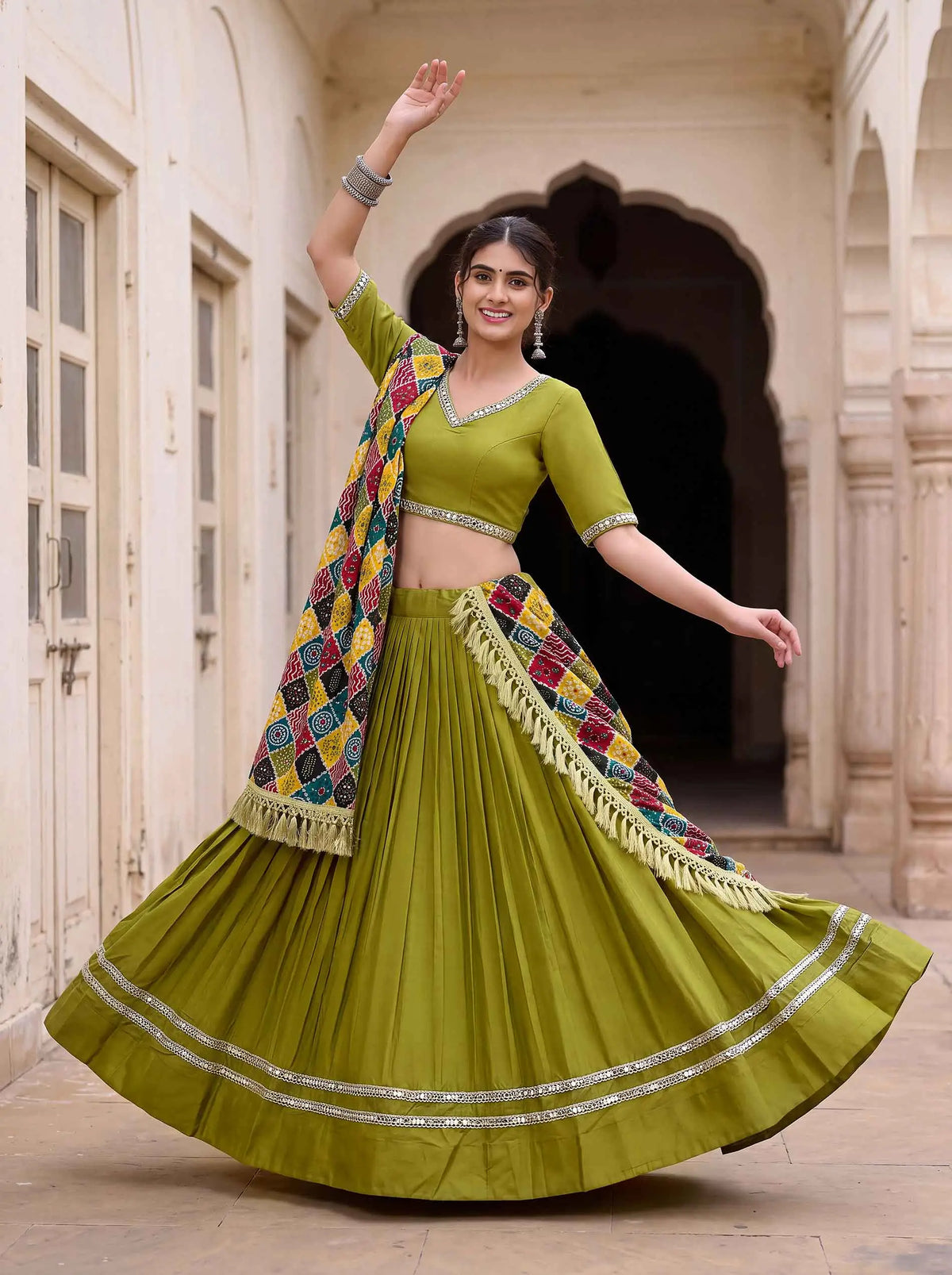 6 Meter Flair | Parrot Green Mirror Work Navratri Lehenga Choli