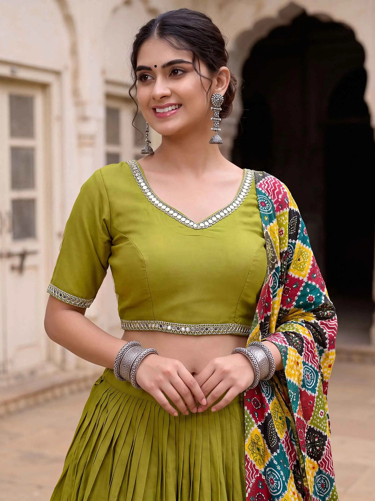 6 Meter Flair | Parrot Green Mirror Work Navratri Lehenga Choli