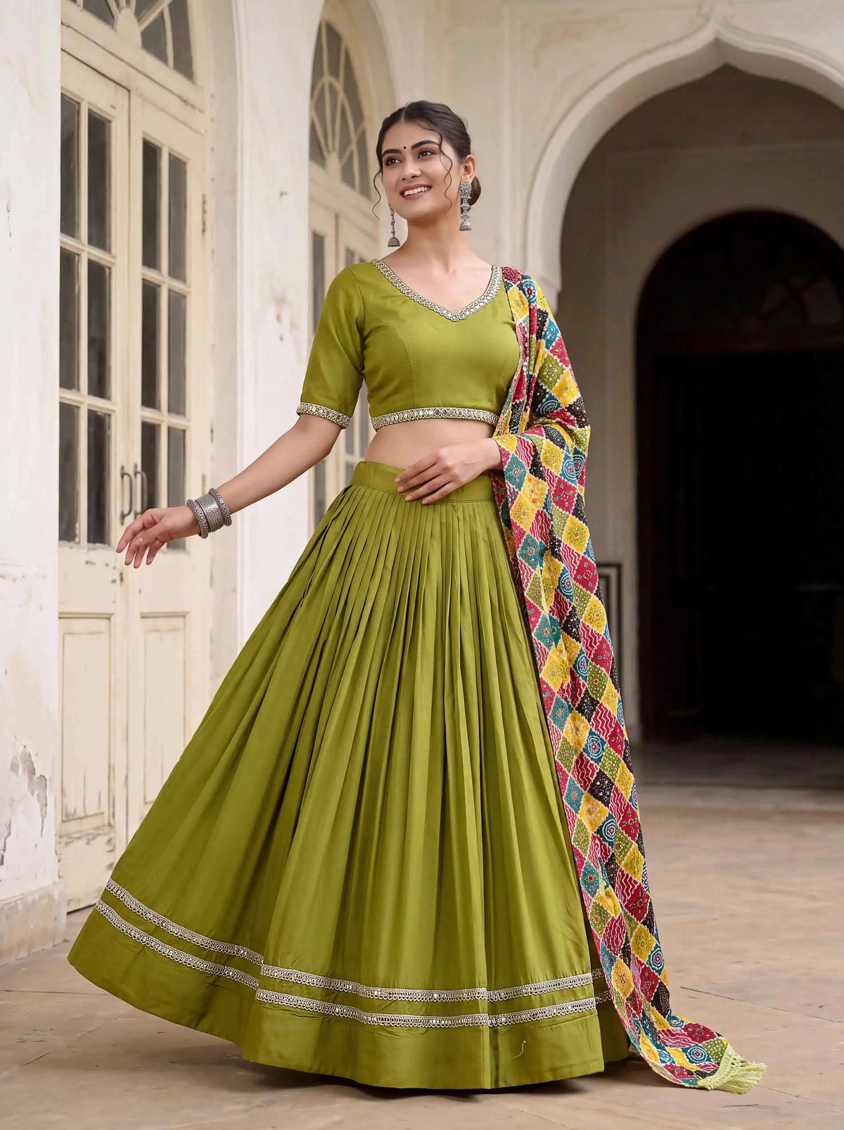 6 Meter Flair | Parrot Green Mirror Work Navratri Lehenga Choli