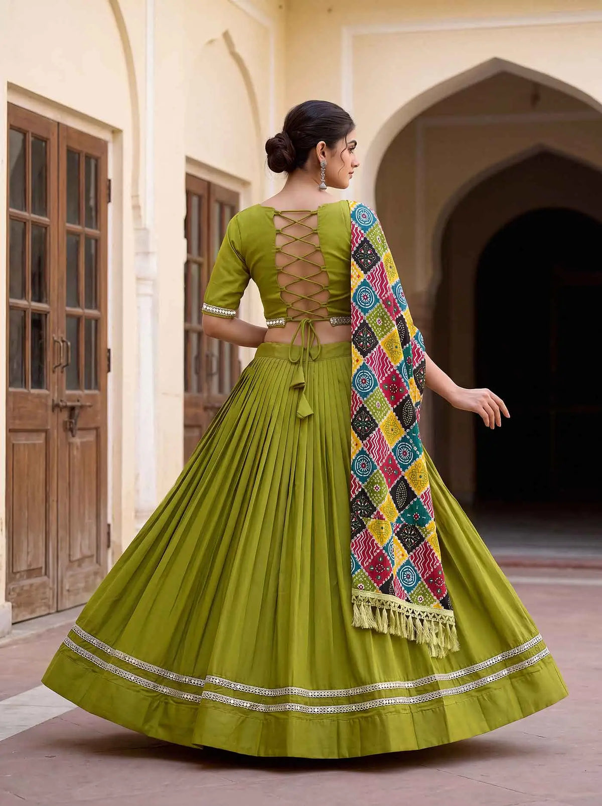 6 Meter Flair | Parrot Green Mirror Work Navratri Lehenga Choli