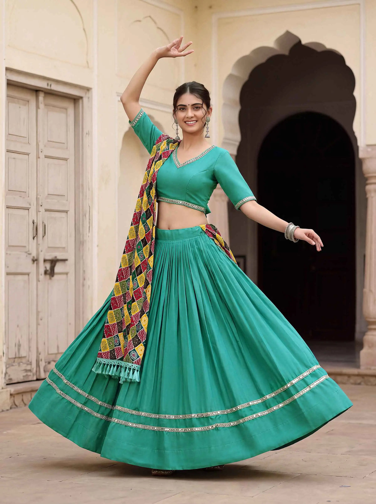 6 Meter Flair | Sea Green Mirror Work Navratri Lehenga Choli