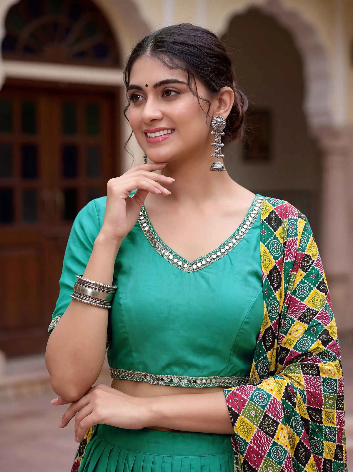 6 Meter Flair | Sea Green Mirror Work Navratri Lehenga Choli