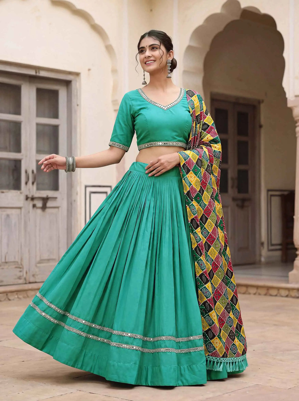 6 Meter Flair | Sea Green Mirror Work Navratri Lehenga Choli