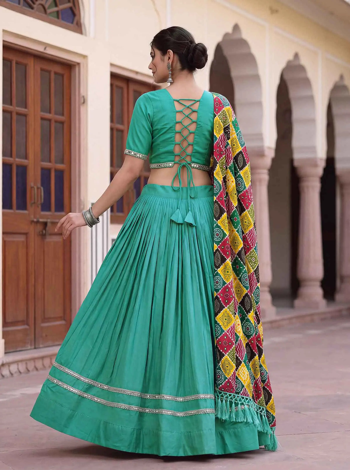 6 Meter Flair | Sea Green Mirror Work Navratri Lehenga Choli