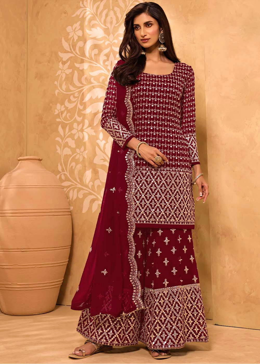 Maroon Red Georgette Metti with Zari work Sharara Suit - qivii