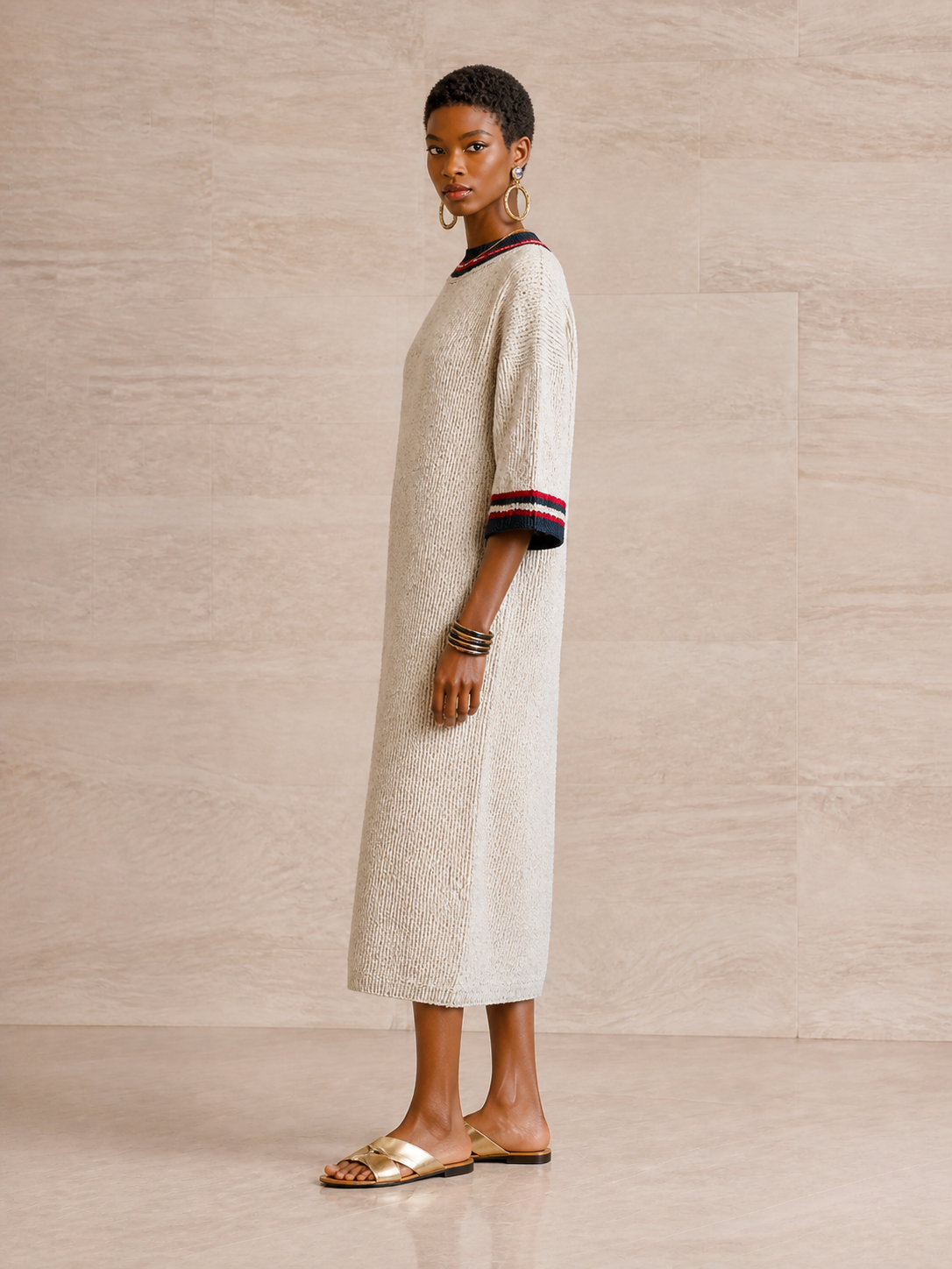 Women's Striped Trim Elegant Knit Midi Dress MDZ1937H3GMJ
