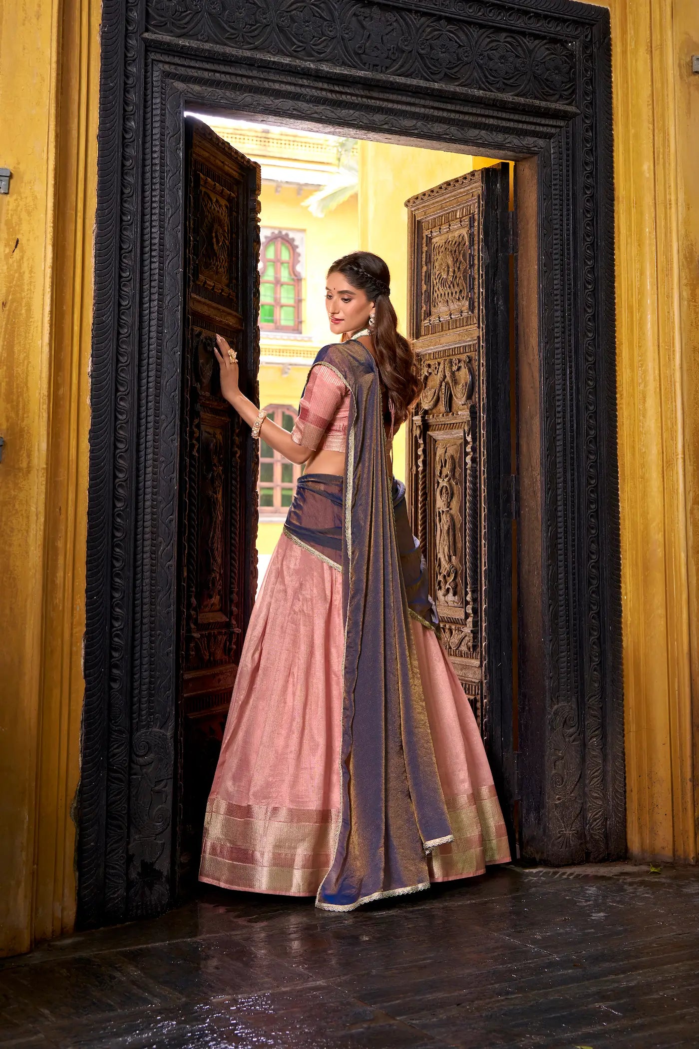 Light Pink Dhupian Silk Zari Weaving Lehenga Choli - qivii