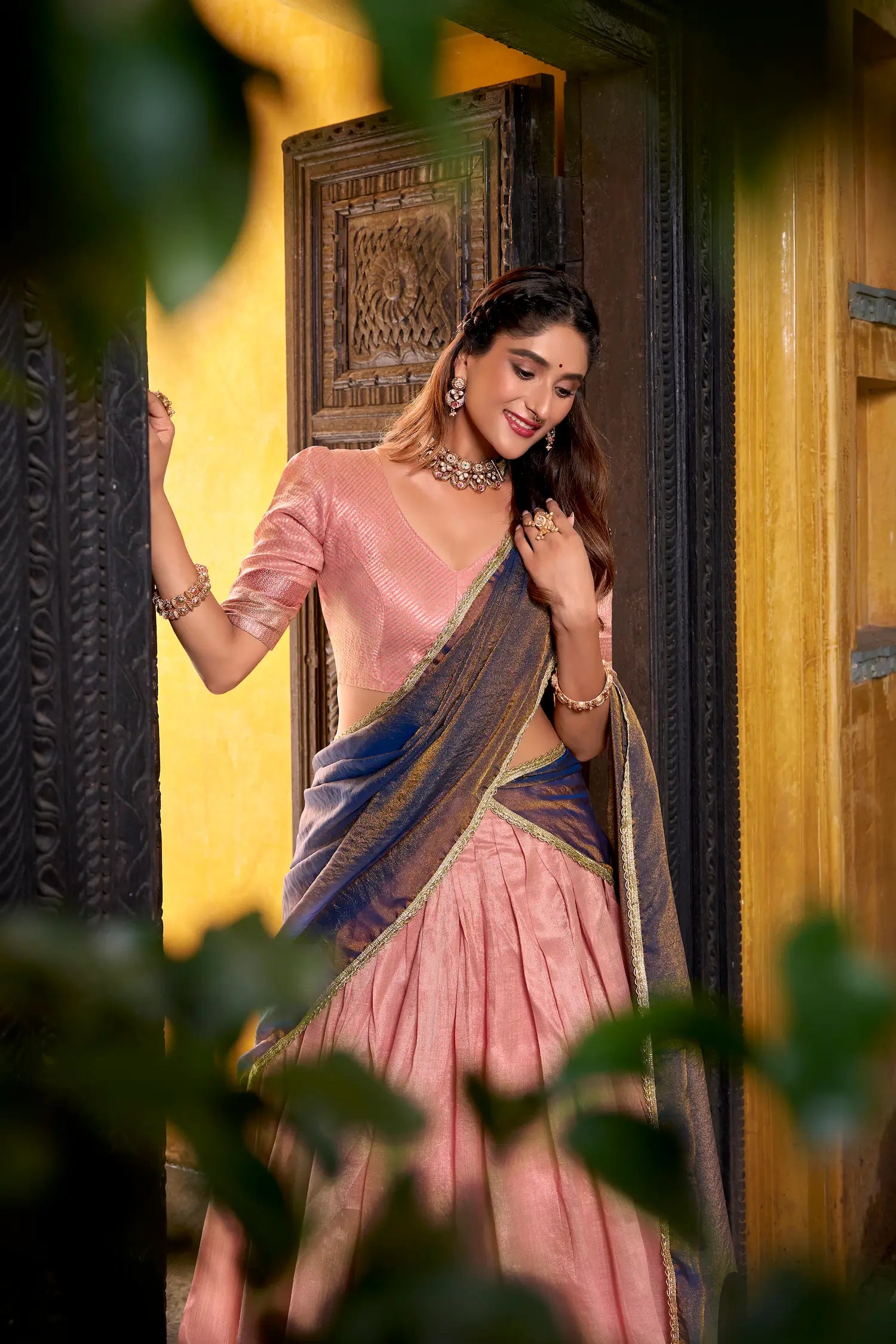 Light Pink Dhupian Silk Zari Weaving Lehenga Choli - qivii