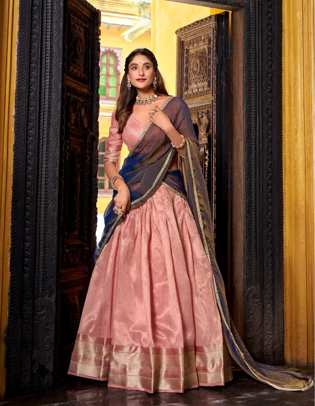 Light Pink Dhupian Silk Zari Weaving Lehenga Choli - qivii