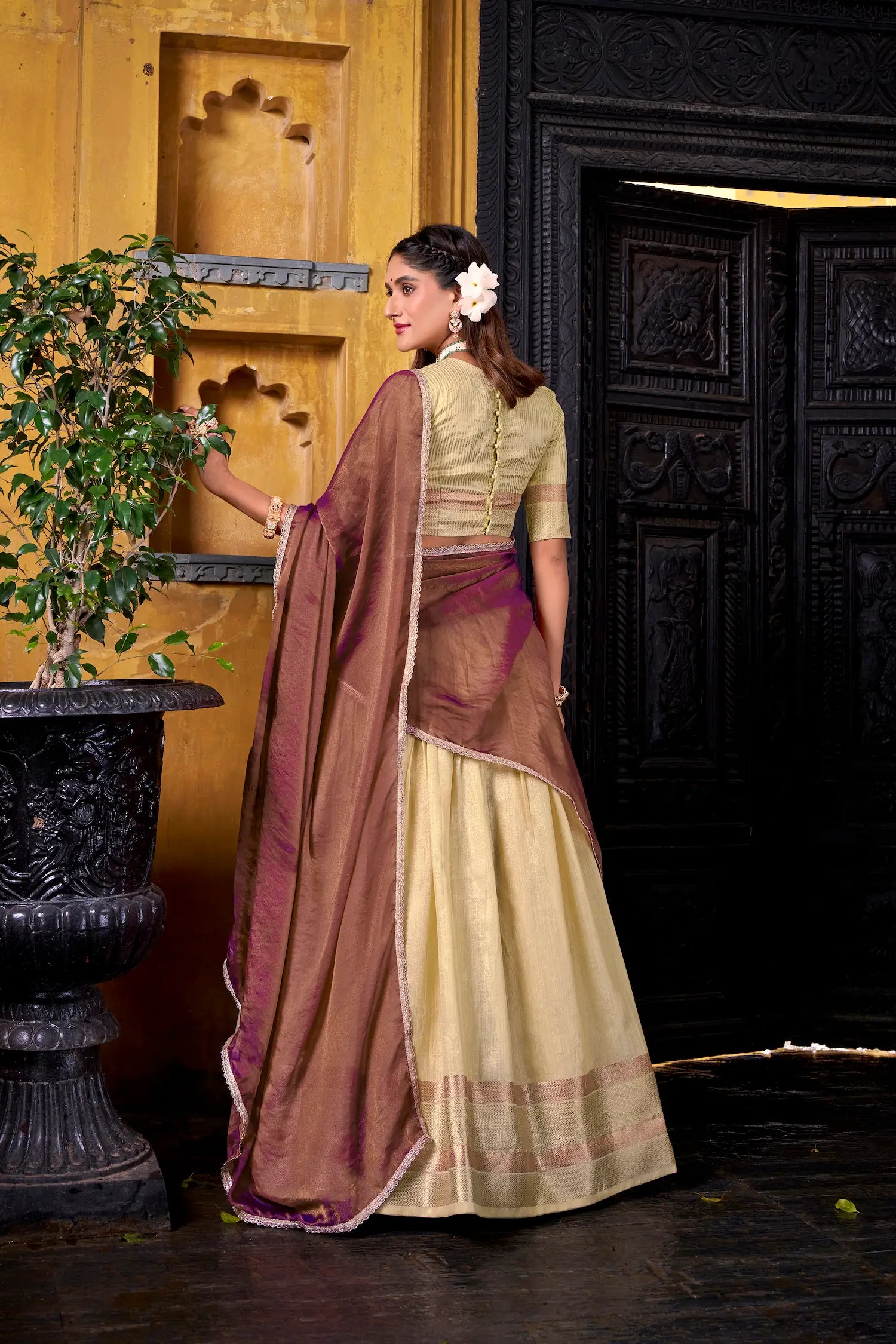 Tan Yellow Dhupian Silk Zari Weaving Lehenga Choli - qivii