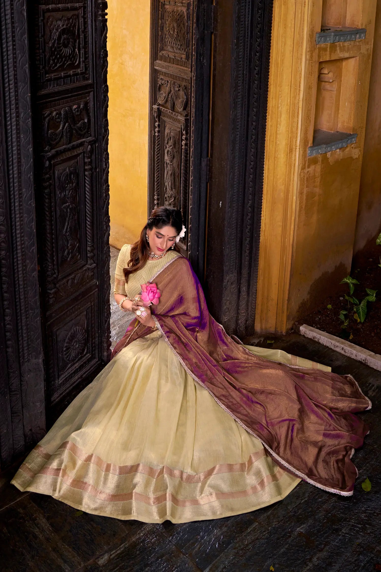 Tan Yellow Dhupian Silk Zari Weaving Lehenga Choli - qivii