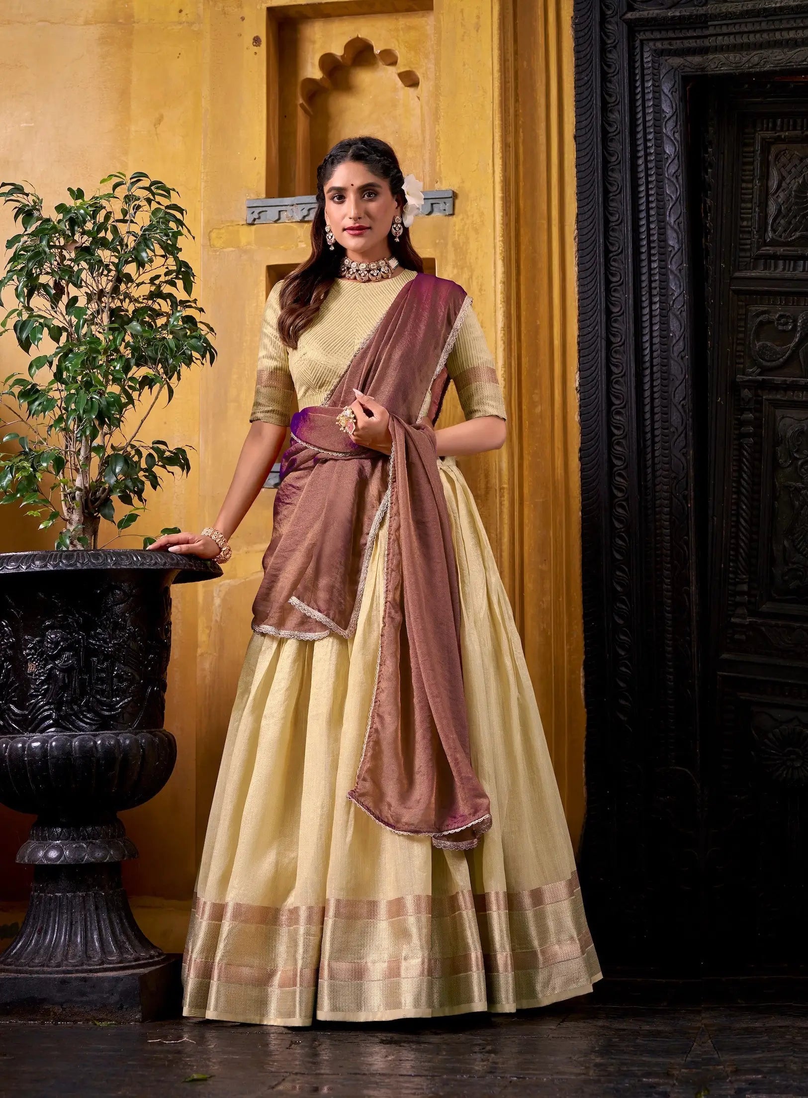 Tan Yellow Dhupian Silk Zari Weaving Lehenga Choli - qivii