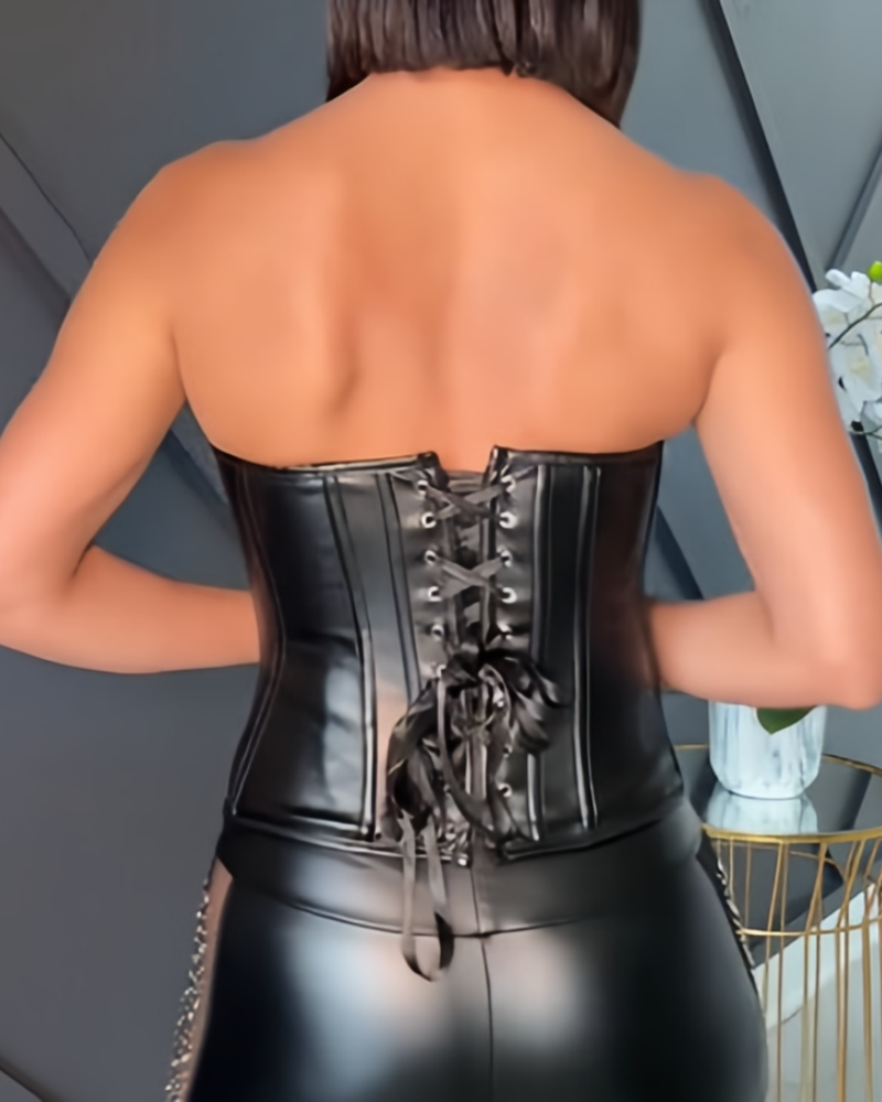 Womens Faux Leather Zipper Front Bustier Corset Top