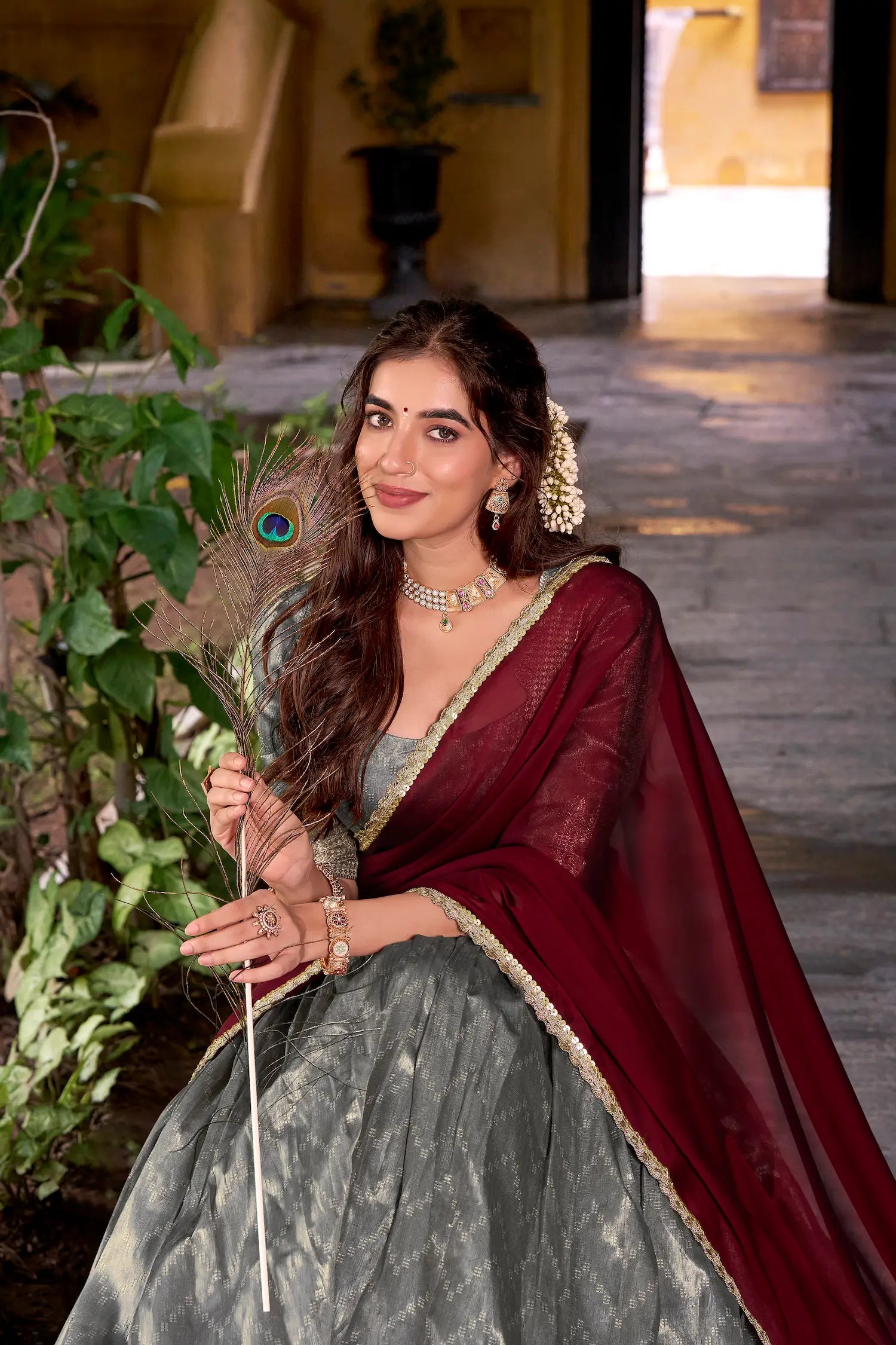 Warm Grey Dhupian Silk Zari Weaving Lehenga Choli