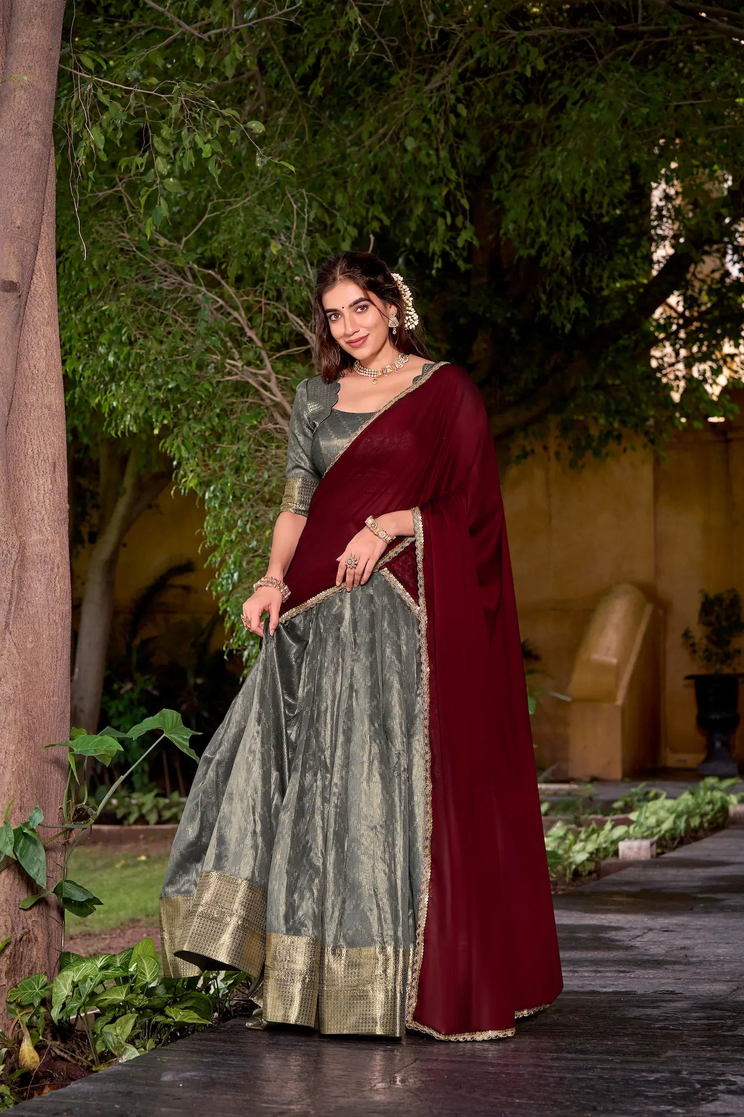 Warm Grey Dhupian Silk Zari Weaving Lehenga Choli