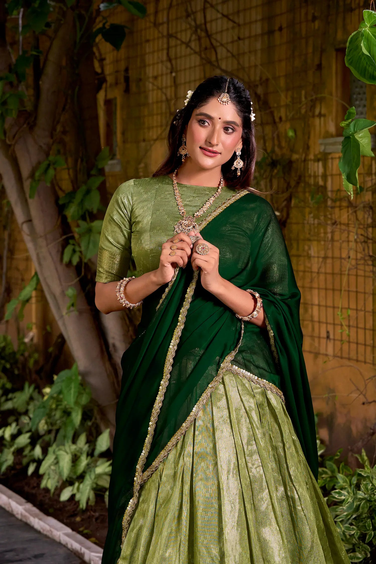 Pista Green Dhupian Silk Zari Weaving Lehenga Choli