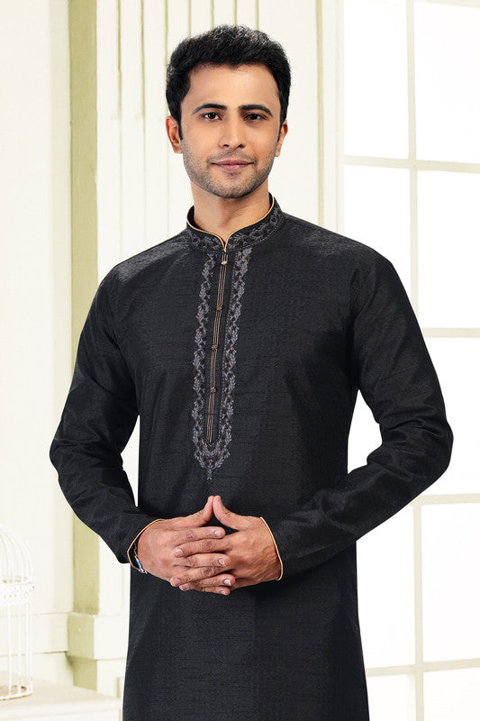 Men's Black Jacquard Banarasi Silk Thread Work Kurta Pajama Set