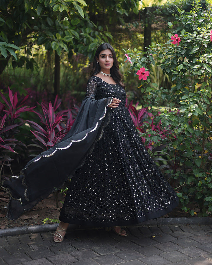 Black Color Designer Anarkali Gown With Dupatta  - By Qivii