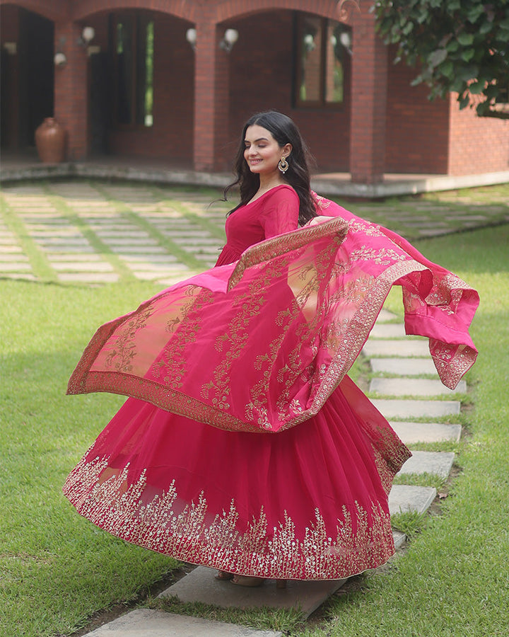 Pink Color Designer Fully Stitched Anarkali Gown  - By Qivii