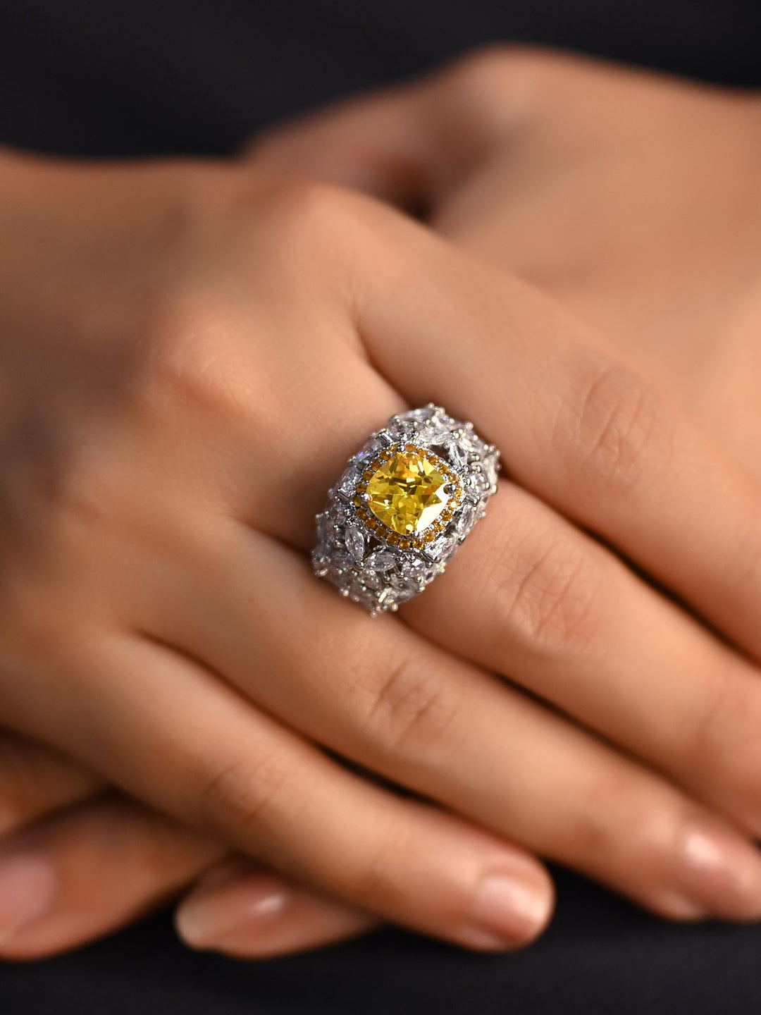 Stunning Naija American Diamond Ring with brilliant yellow stone centerpiece