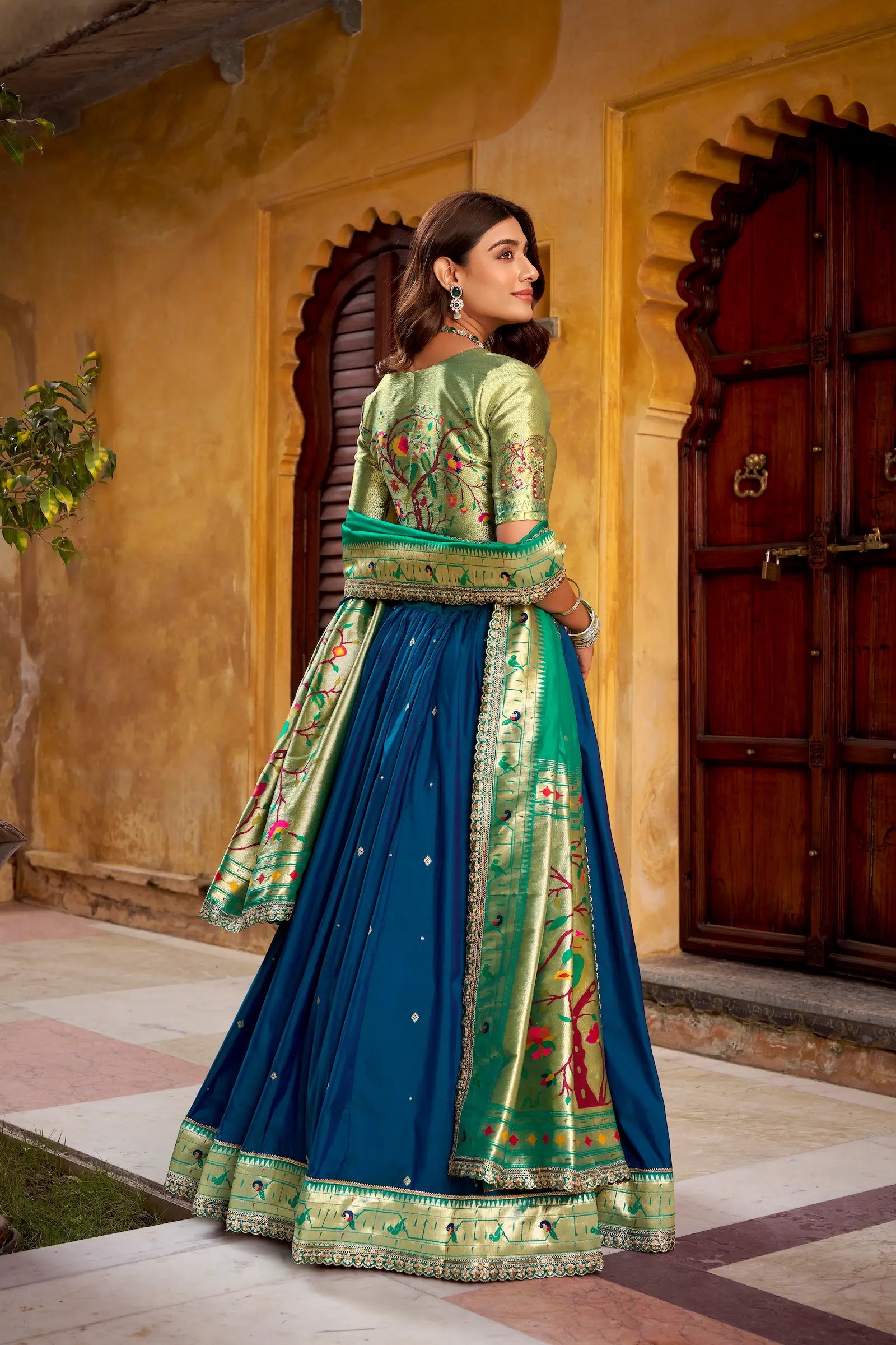 Navy Blue Zari Weaving Paithani Lehenga Choli