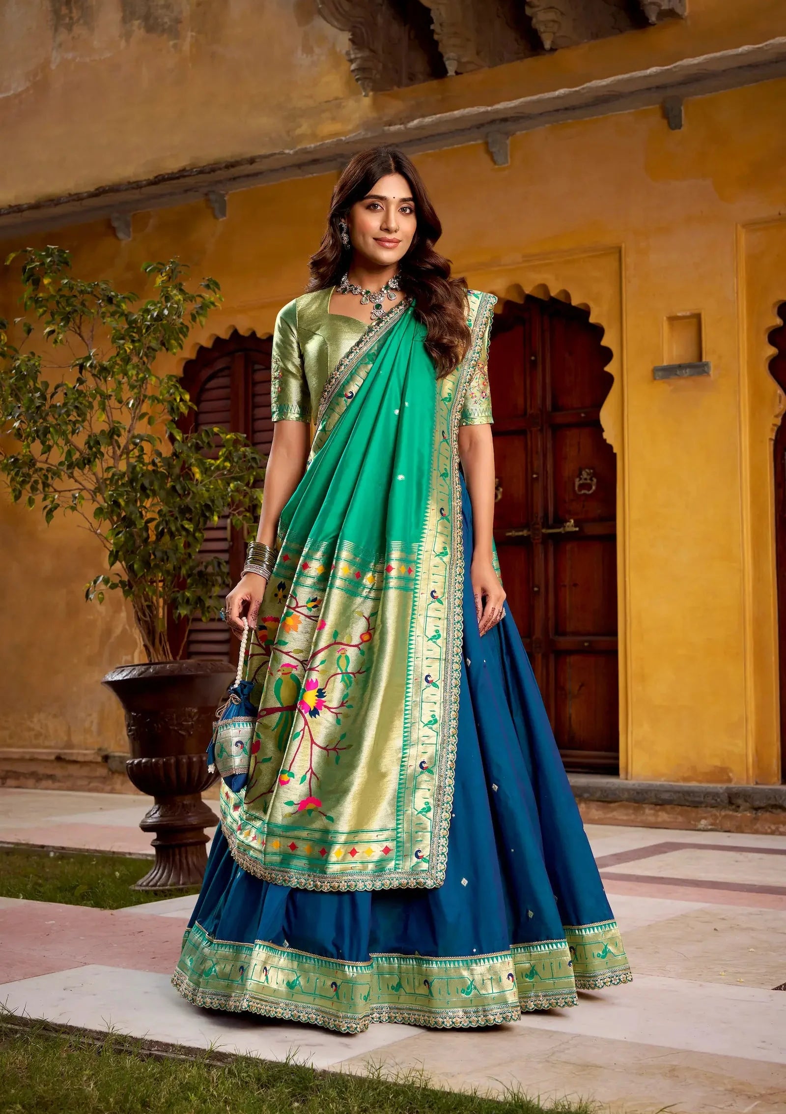 Navy Blue Zari Weaving Paithani Lehenga Choli