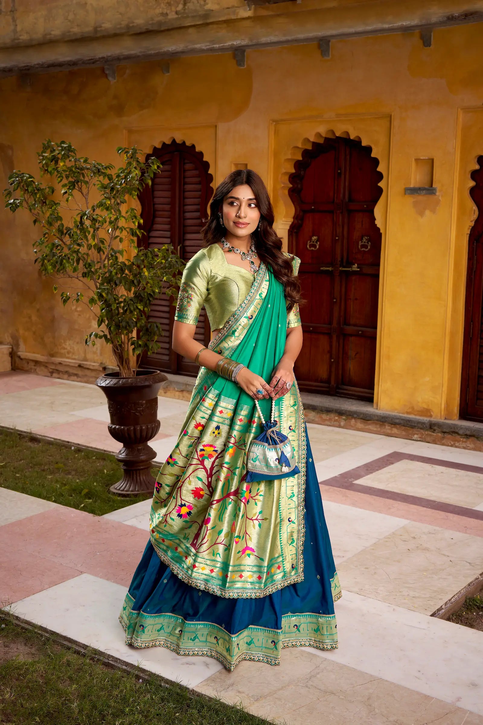Navy Blue Zari Weaving Paithani Lehenga Choli