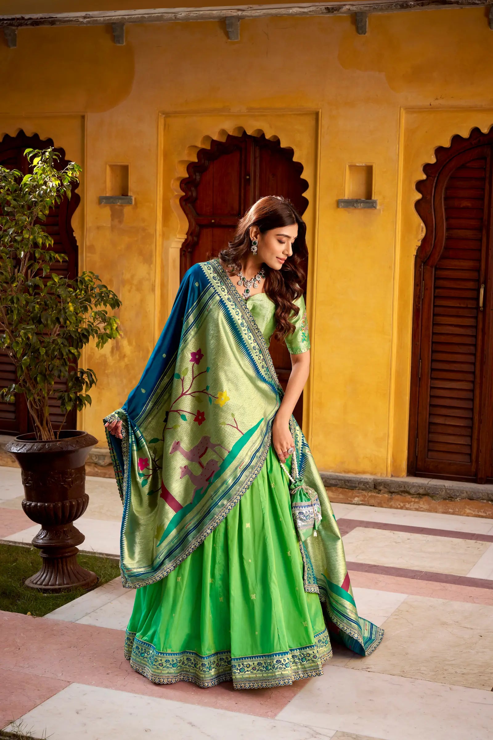 Parrot Green Zari Weaving Paithani Lehenga Choli