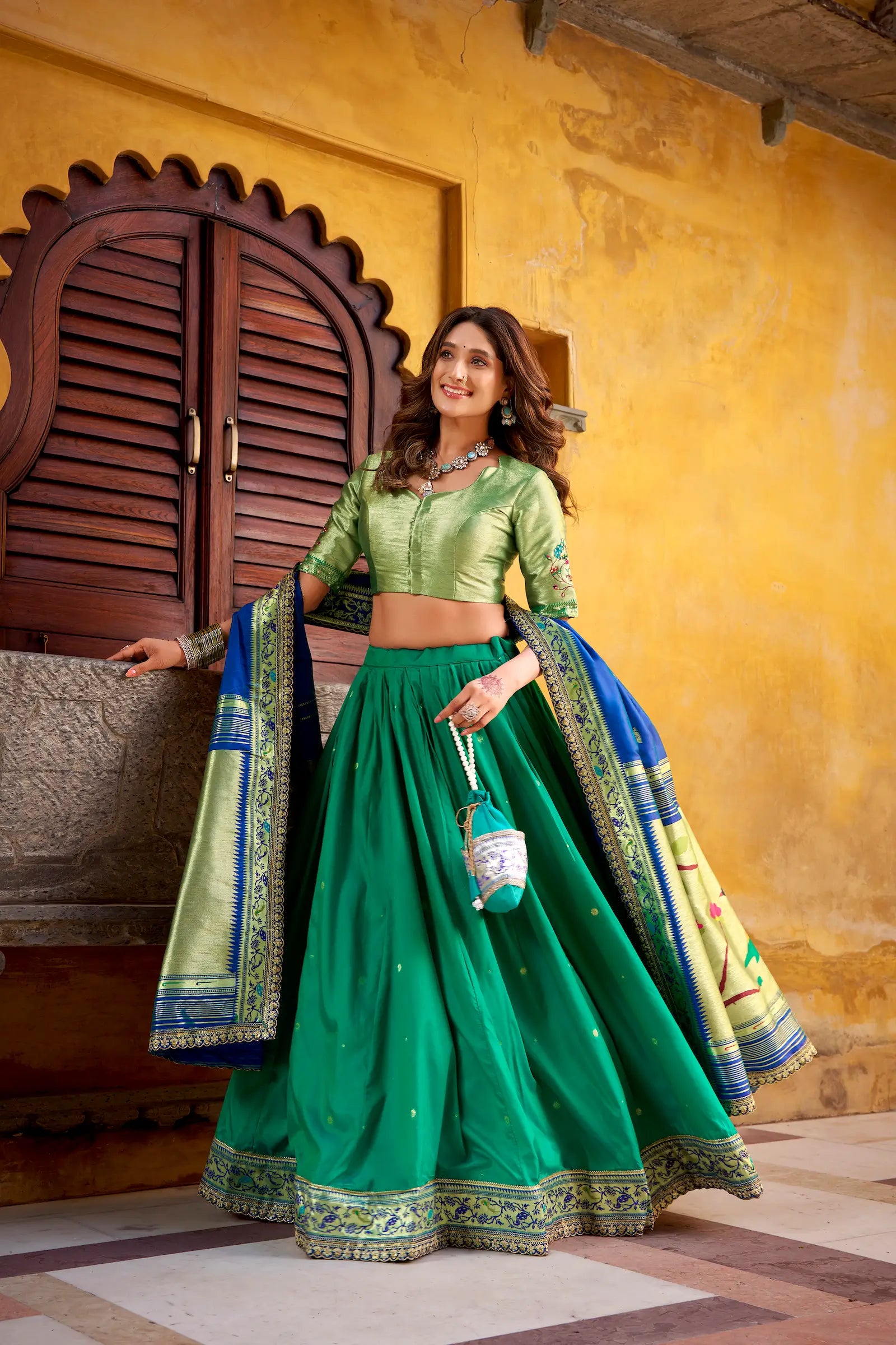Teal Blue Zari Weaving Paithani Lehenga Choli