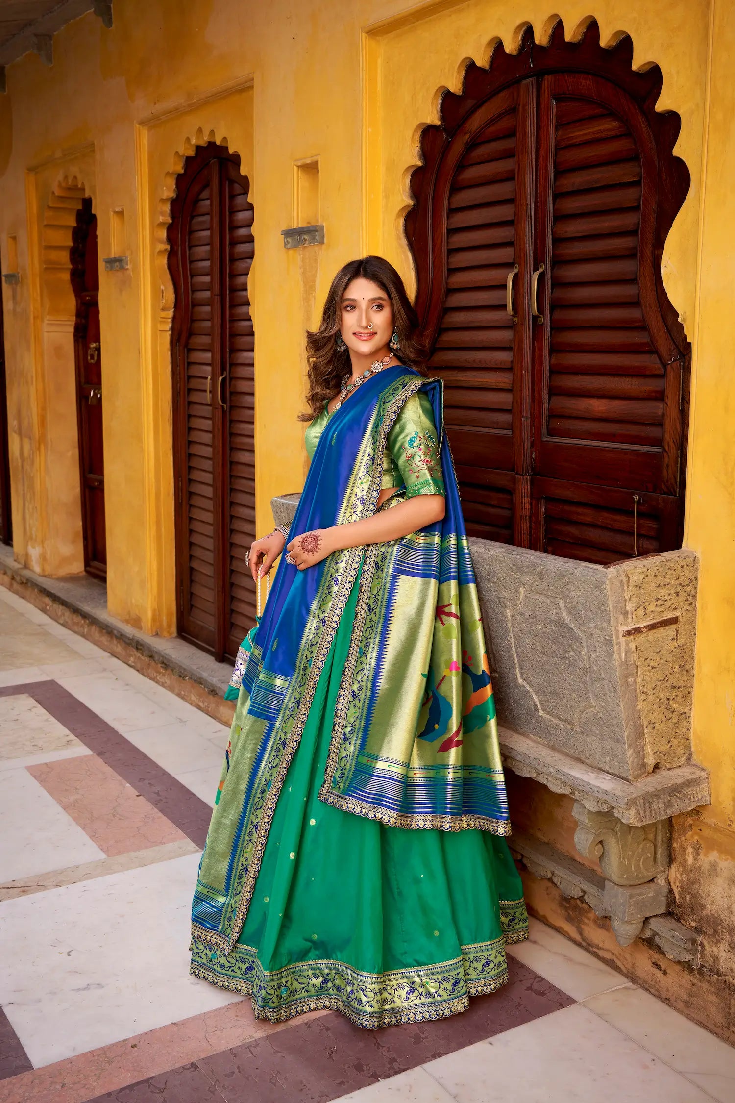 Teal Blue Zari Weaving Paithani Lehenga Choli