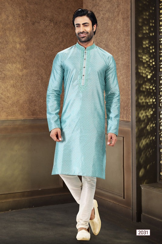 Men's Sky Blue Jacquard Banarasi Silk Thread Work Kurta Pajama Set