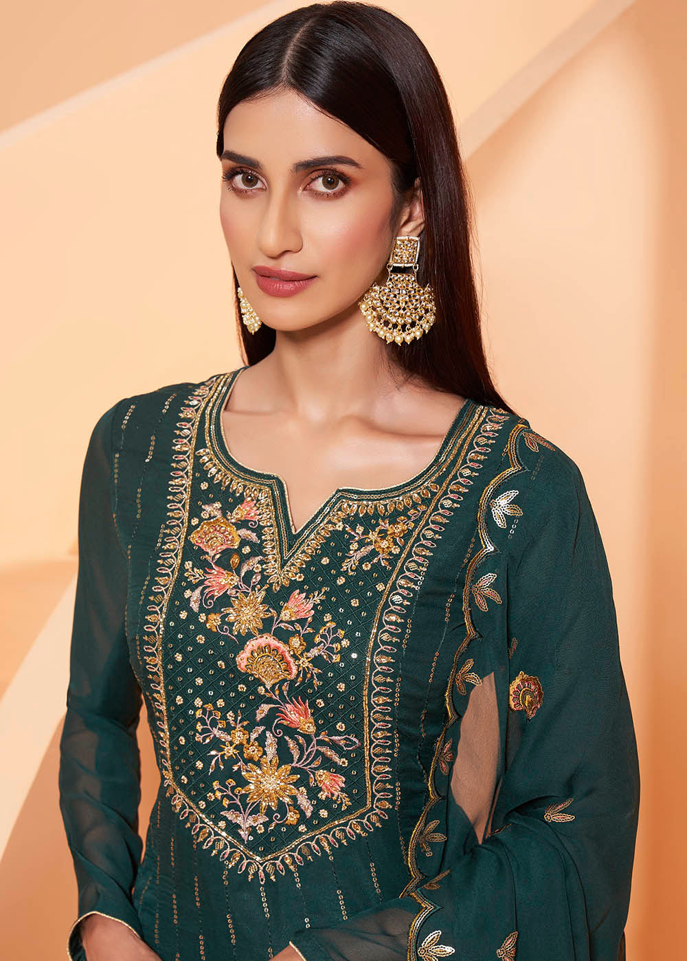 Arabian Green Georgette Sharara Suit with Thread, Sequins & Khatli work By Qivii