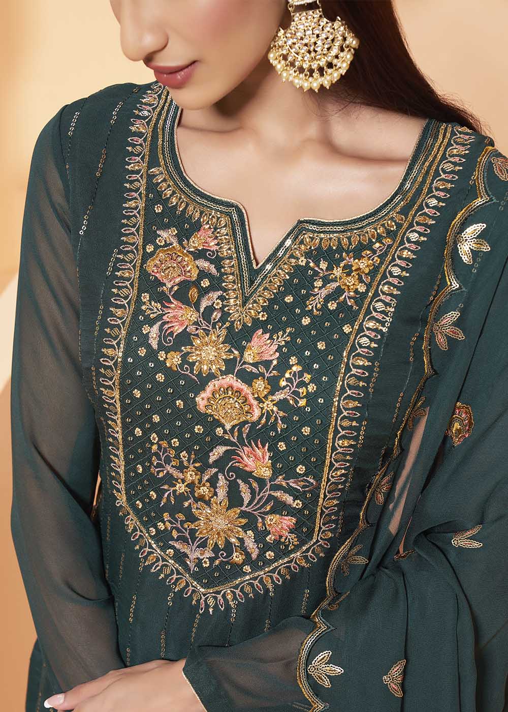 Arabian Green Georgette Sharara Suit with Thread, Sequins & Khatli work By Qivii