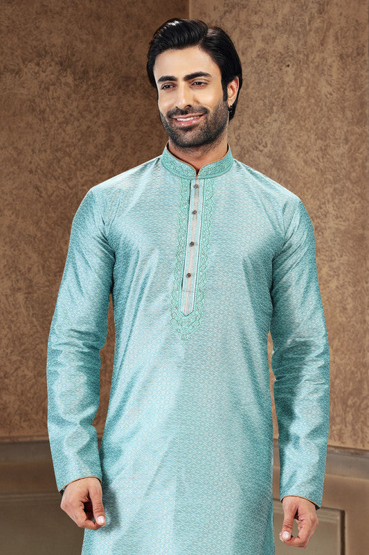 Men's Sky Blue Jacquard Banarasi Silk Thread Work Kurta Pajama Set