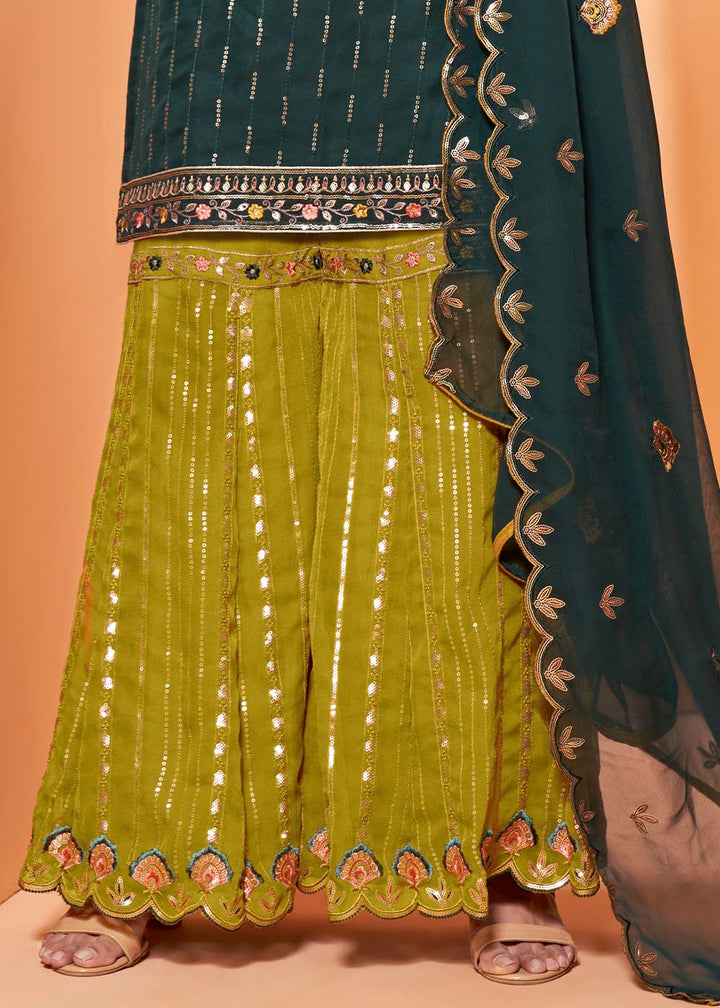 Arabian Green Georgette Sharara Suit with Thread, Sequins & Khatli work By Qivii