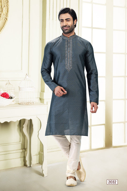 Men's Grey Jacquard Banarasi Silk Thread Work Kurta Pajama Set