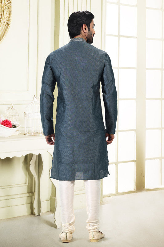 Men's Grey Jacquard Banarasi Silk Thread Work Kurta Pajama Set
