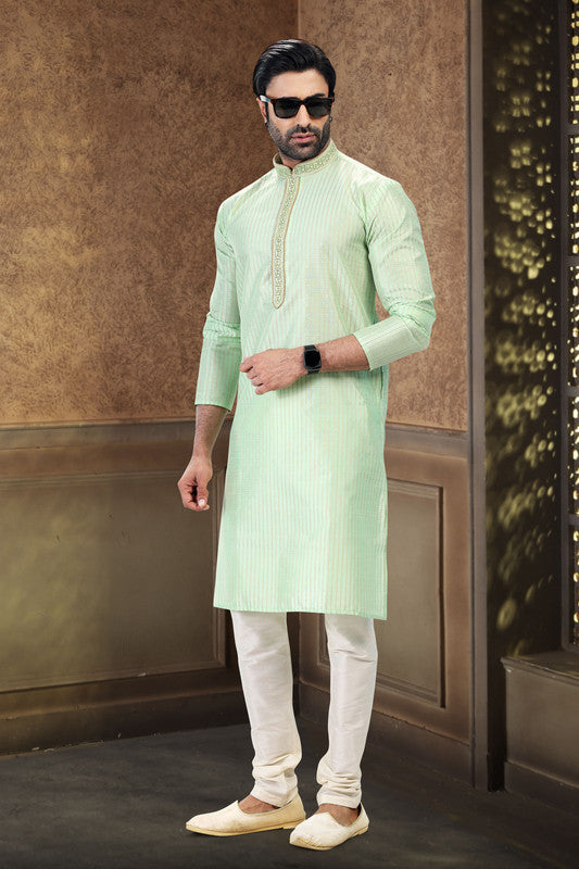 Men's Pista Green Jacquard Art Silk Thread Work Kurta Pajama Set