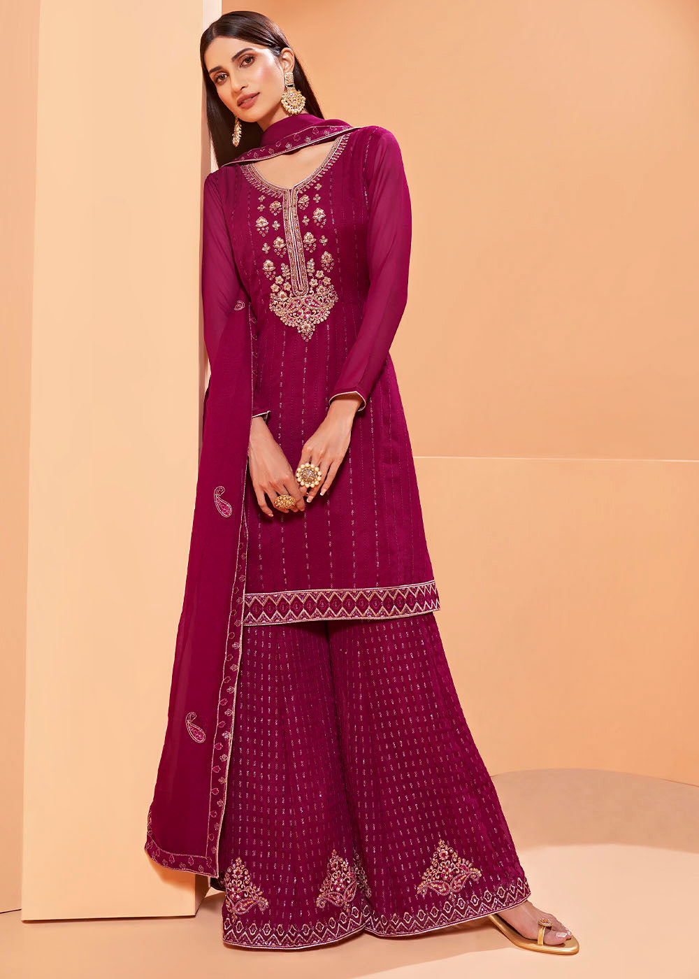 Magenta Pink Georgette Sharara Suit with Thread, Sequins & Khatli work By Qivii