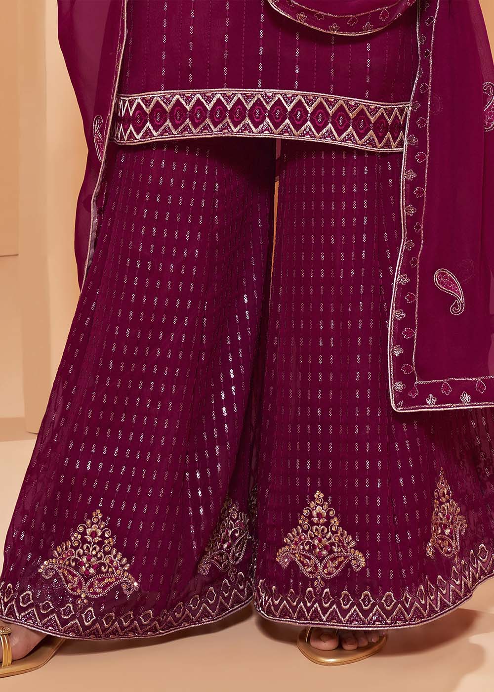 Magenta Pink Georgette Sharara Suit with Thread, Sequins & Khatli work By Qivii