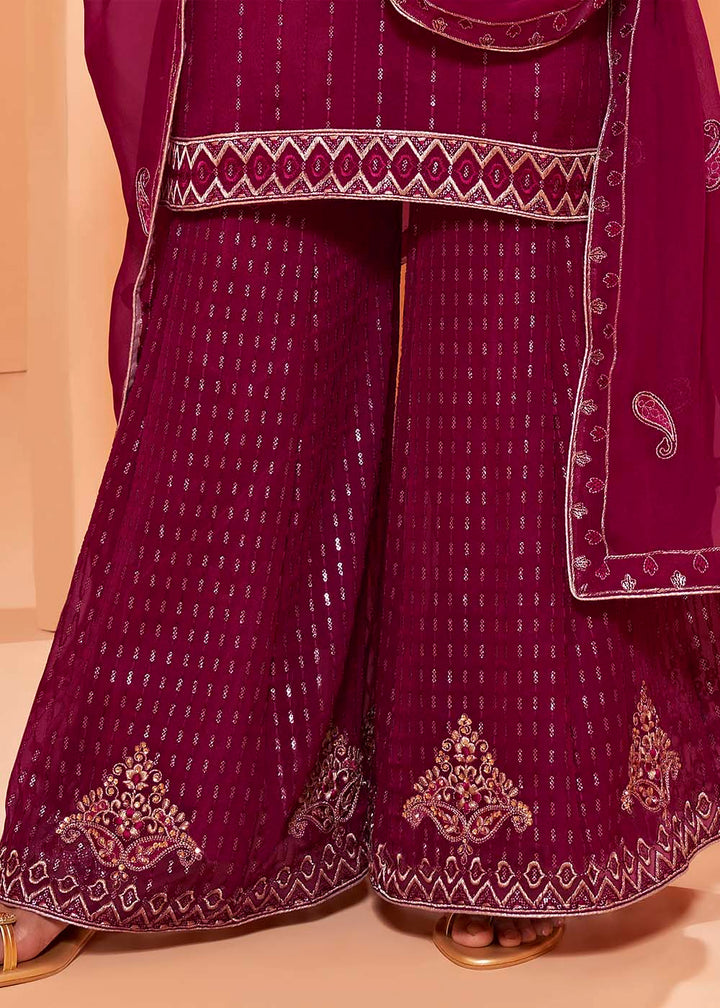 Magenta Pink Georgette Sharara Suit with Thread, Sequins & Khatli work By Qivii