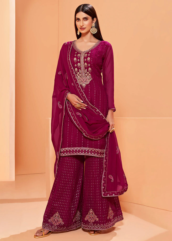 Magenta Pink Georgette Sharara Suit with Thread, Sequins & Khatli work